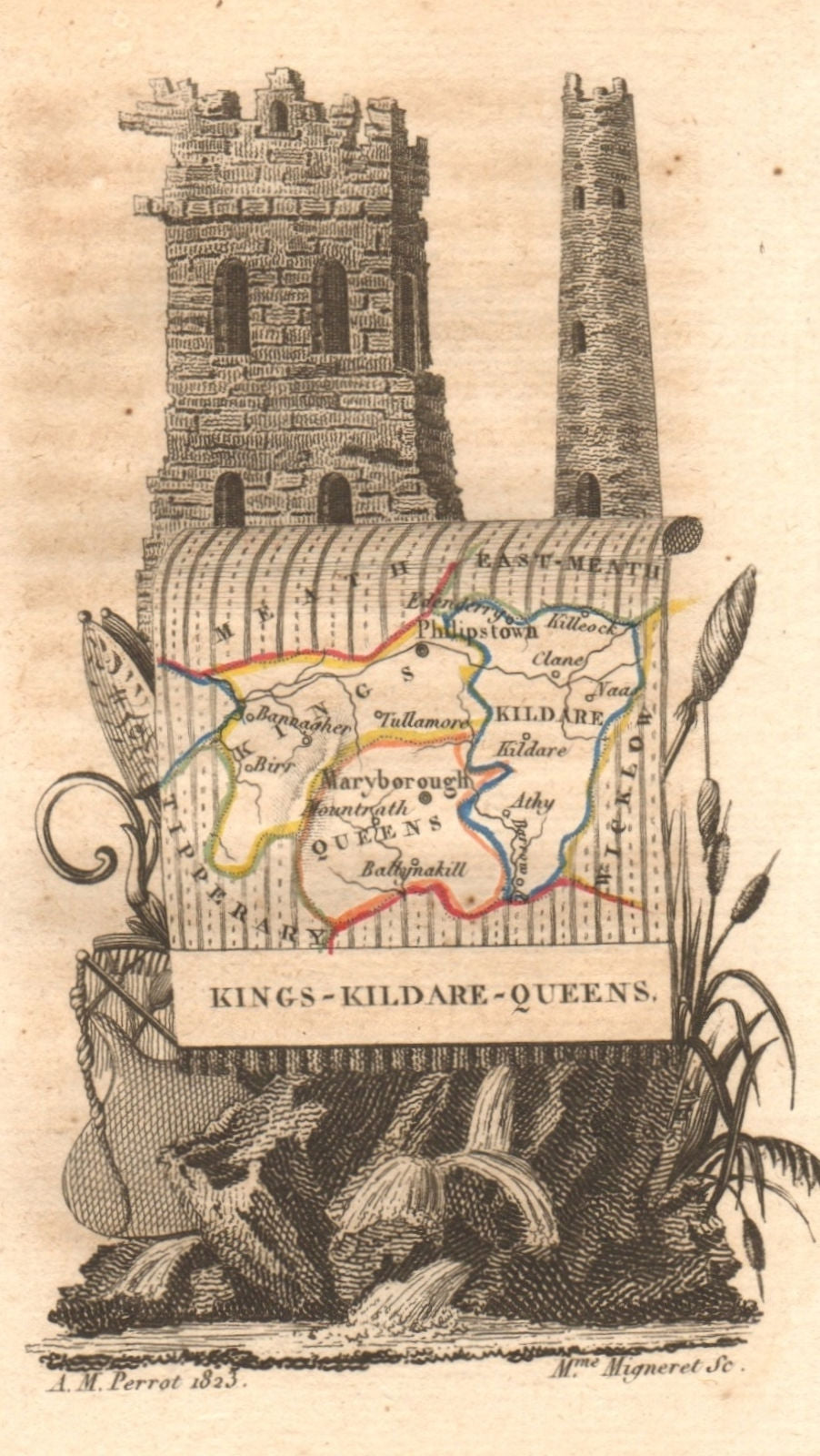 KINGS & QUEENS COUNTY (OFFALY / LAOIS) & KILDARE antique county map. PERROT 1824